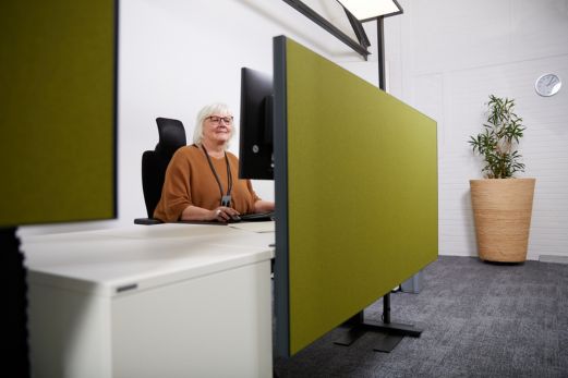 Stellenangebote Steuerberater – Mitarbeiterin Schreibtisch grüner Sichtschutz